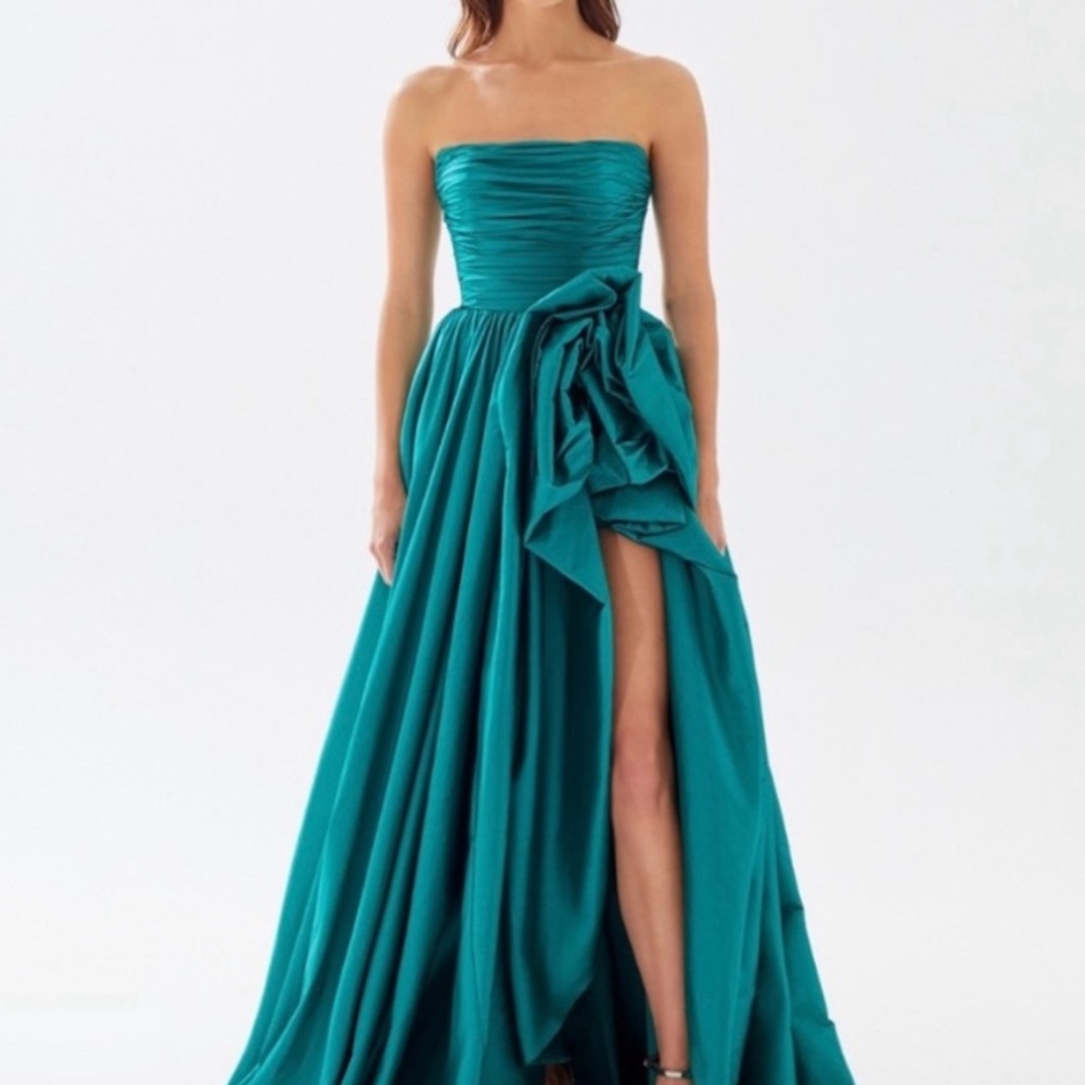 Tarik Ediz Teal Strapless Ruffled Gown
